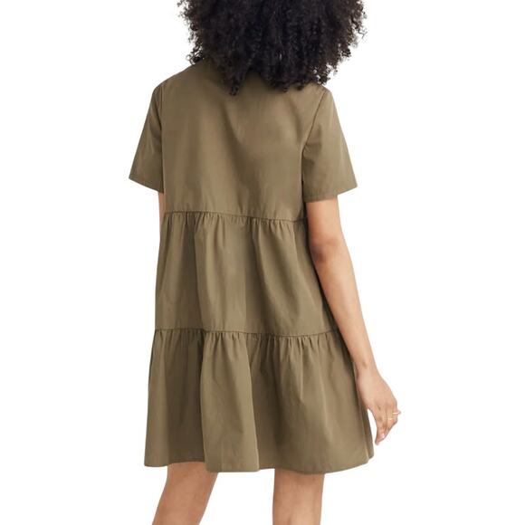 Madewell Button-Front Short-Sleeve Tiered Mini Dress Cotton Poplin Green NWT M - Picture 2 of 9